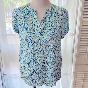 Elegant Blue Floral Blouse with Lace Trim